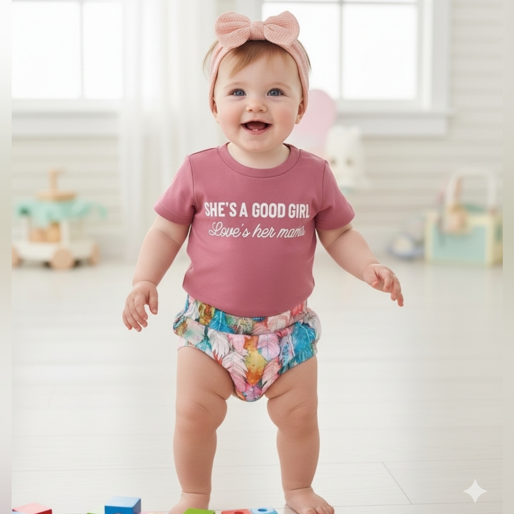 Boho Baby Girl Feather Bloomer & Graphic Tee Set Mauve & Pastel Summer  18-24M